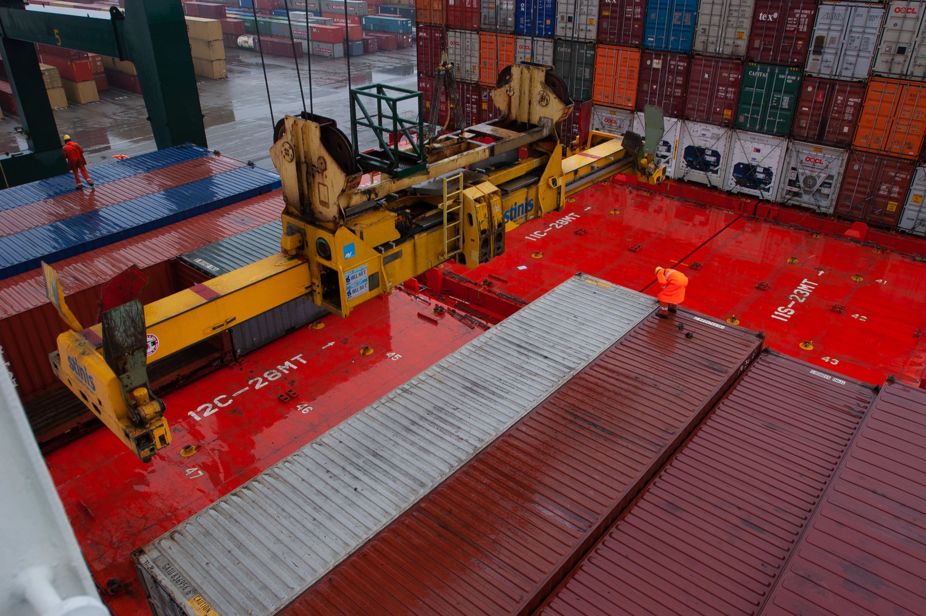 Cargo vessel deck and containers during port operations