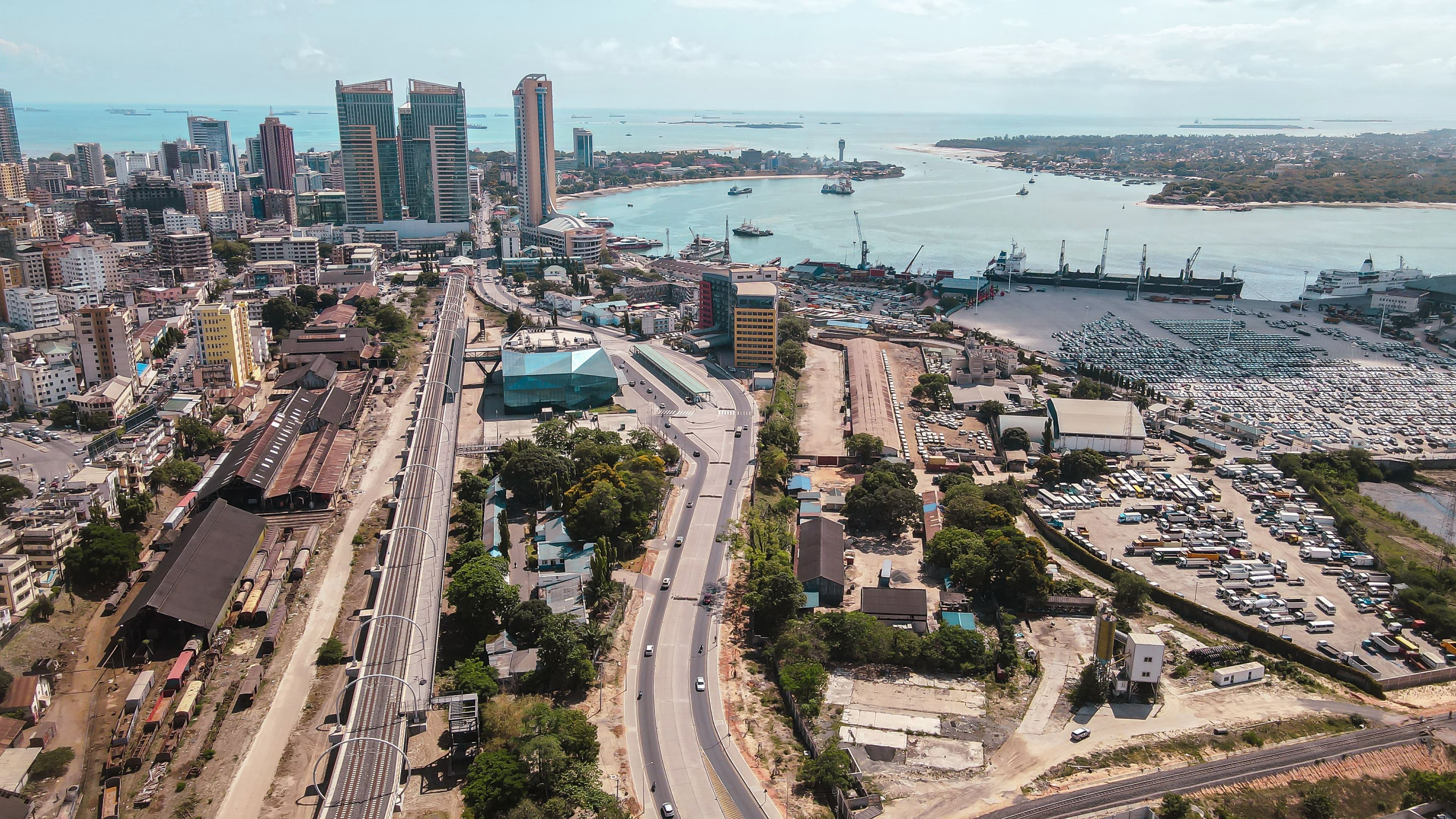 Aerial view of Dar es Salaam waterfront, port infrastructure and vessels offshore